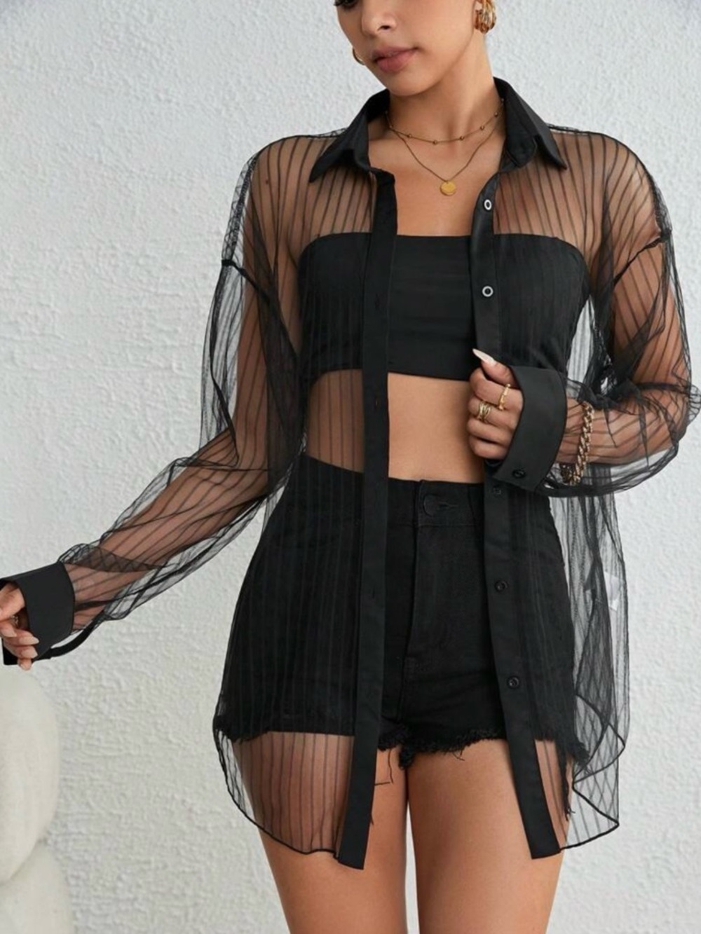 Sheer Black Mesh Button Down Shirt Women’s L Collared Long Sleeve See Through